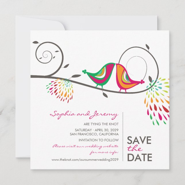Whimsical Colorful Kissing Birds Summer Foto Save The Date (Vorderseite)