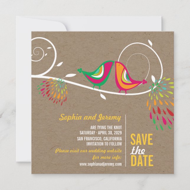 Whimsical Colorful Kissing Birds Summer Foto Save The Date (Vorderseite)