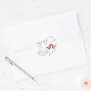 Whimsical Colorful Kissing Summer Birds Wedding Runder Aufkleber