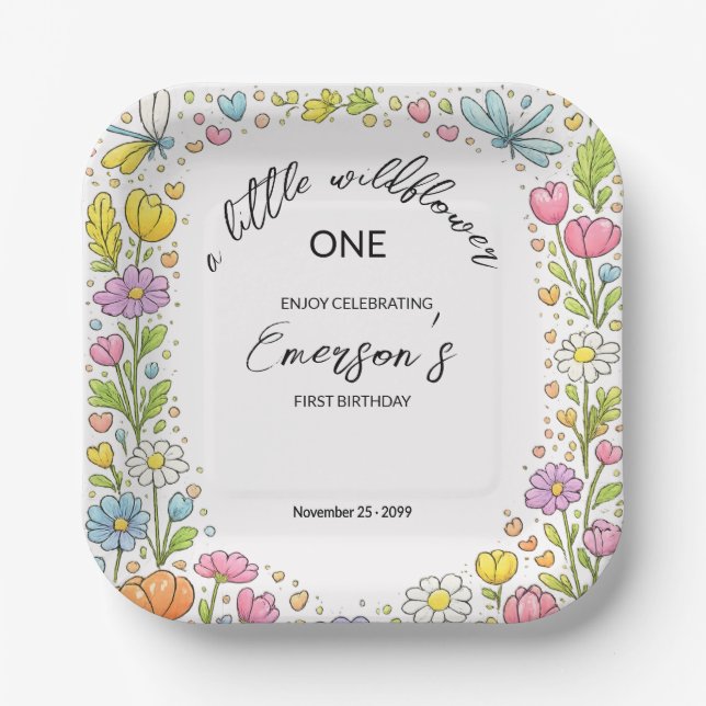 Whimsical Colorful Little Wildflower 1st Birthday  Pappteller (Vorderseite)