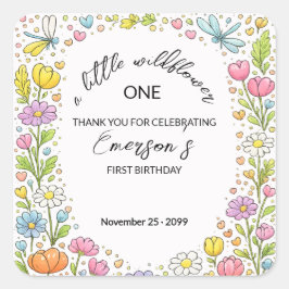 Whimsical Colorful Little Wildflower 1st Birthday  Quadratischer Aufkleber