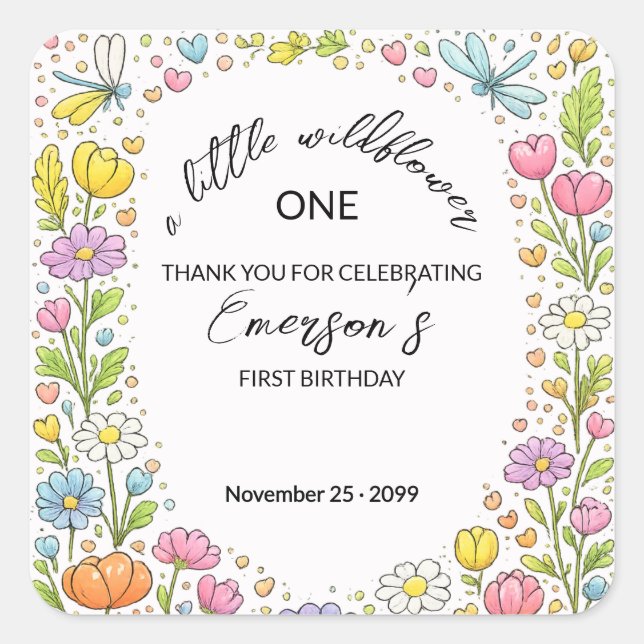 Whimsical Colorful Little Wildflower 1st Birthday  Quadratischer Aufkleber (Vorderseite)
