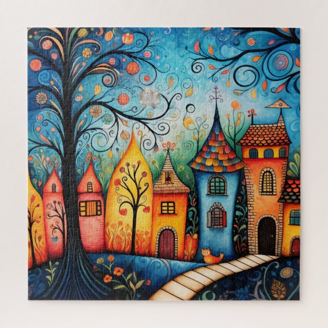 Whimsical Colorful Watercolor Village Puzzle (Vertikal)