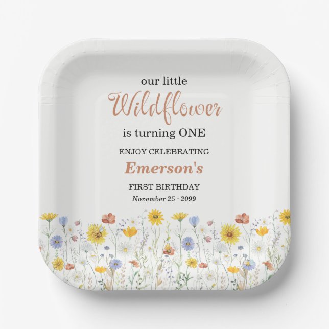 Whimsical Colorful Wildflower 1st Birthday Party Pappteller (Vorderseite)