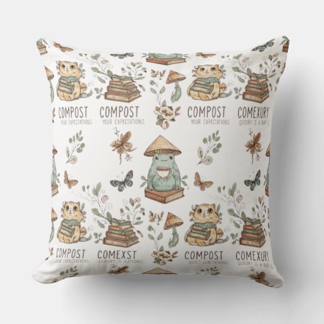 Whimsical "Compost Your Expectations" Frog & Cat P Kissen (Vorderseite)
