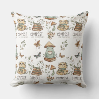 Whimsical "Compost Your Expectations" Frog & Cat P Kissen