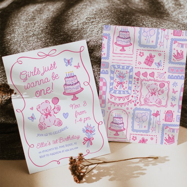 Whimsical Coquette Teddy Bär Pink Hand gezogen Einladung (Von Creator hochgeladen)