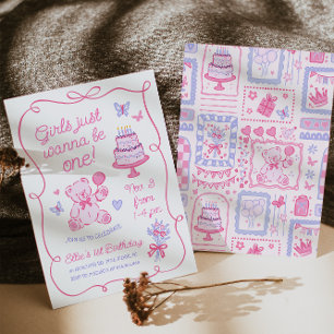 Whimsical Coquette Teddybär Rosa Handgezeichnet Einladung