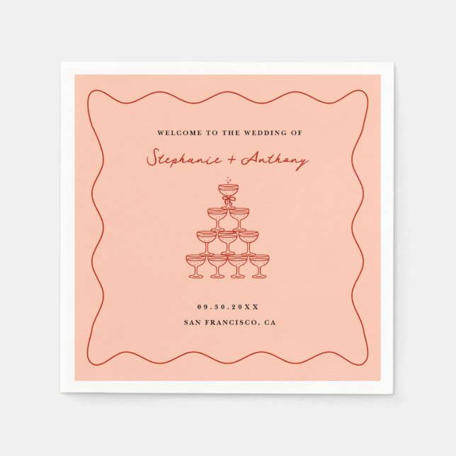 Whimsical Coral and Cherry Red Champagne Wedding Serviette (Vorderseite)