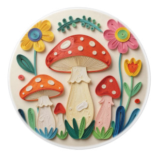 Whimsical Cottage Core Mushrooms & Flowers Keramikknauf