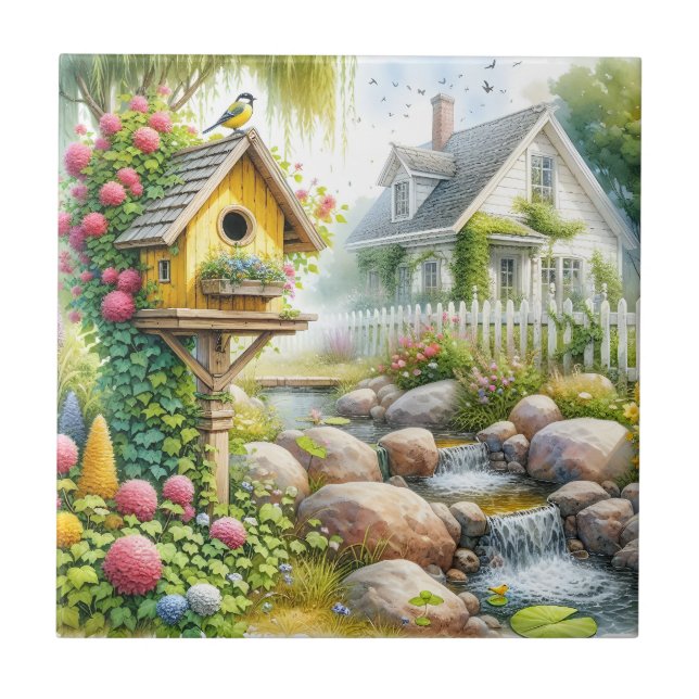Whimsical Cottage Garden Birdhouse Stream Fliese (Vorderseite)