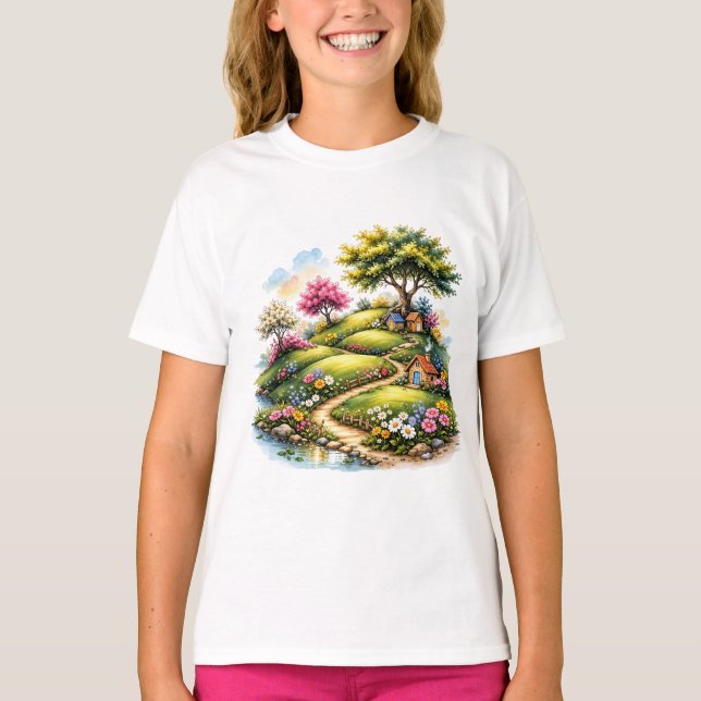 Whimsical Cottage Garden Landscape Art T-Shirt (Vorderseite)