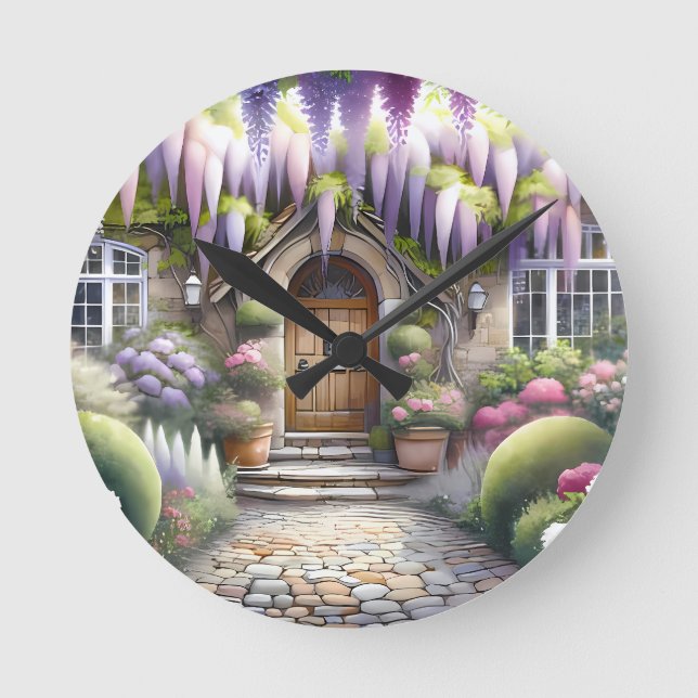 Whimsical Cottage Garden Pathway Runde Wanduhr (Vorderseite)