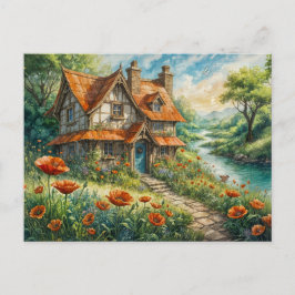 Whimsical Cottage with Poppy Flowers Postkarte