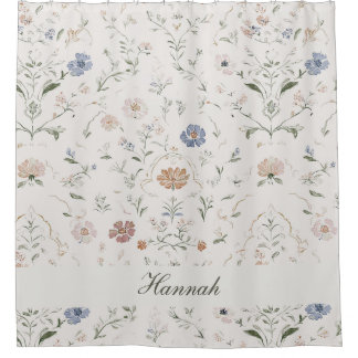 Whimsical Cottagecore Beige Monogram Name Floral Duschvorhang