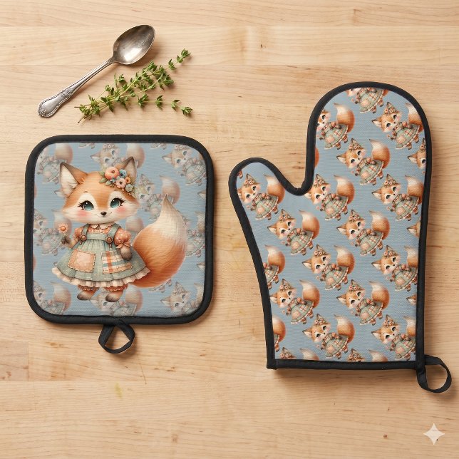 Whimsical Cottagecore Floral Pastell Fuchs Ofenhandschuh & Topflappen-Set (Whimsical Cottagecore Floral Pastel Fox Oven Mitt & Pot Holder Set)
