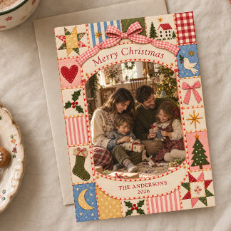 Whimsical Cottagecore-Quilt Weihnachtsfamilienfoto Feiertagskarte