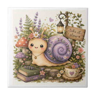 Whimsical Cottagecore-Schnecke Wasserfarben Kunst Fliese