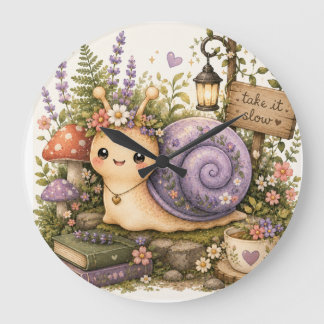 Whimsical Cottagecore-Schnecke Wasserfarben-Kunst Große Wanduhr