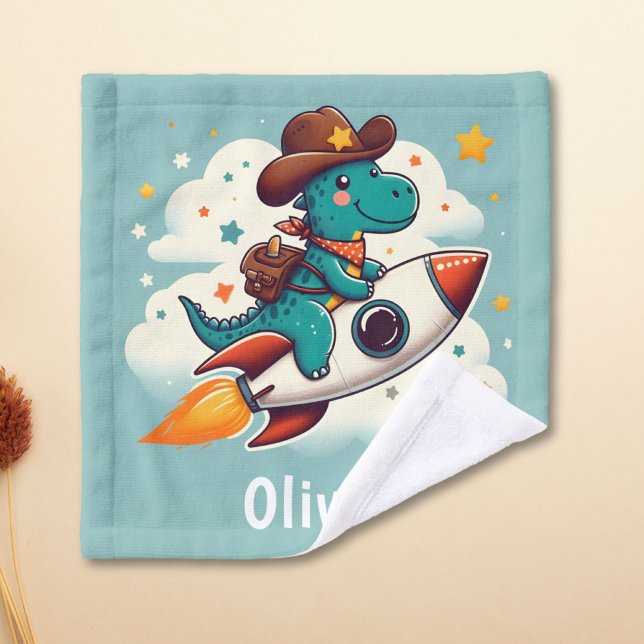 Whimsical Cowboy Dinosaur Riding Space Rocket Waschlappen (Von Creator hochgeladen)