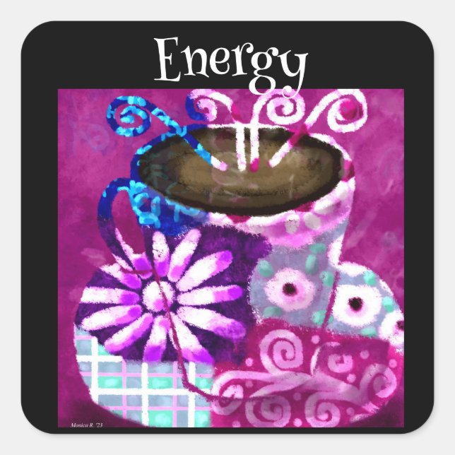 Whimsical Cup Coffee Abstrakt Painting Lila Quadratischer Aufkleber (Vorderseite)