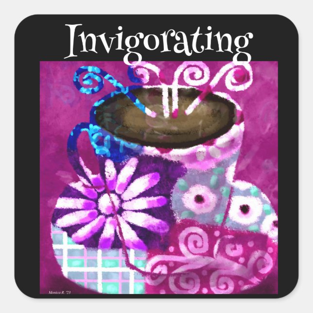 Whimsical Cup Coffee Abstrakt Painting Lila Quadratischer Aufkleber (Vorderseite)