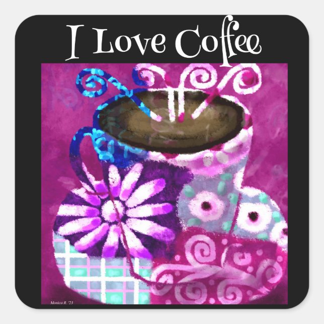 Whimsical Cup Coffee Abstrakt Painting Lila Quadratischer Aufkleber (Vorderseite)