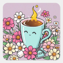 Whimsical Cup of Warm Coffee and Blume Quadratischer Aufkleber