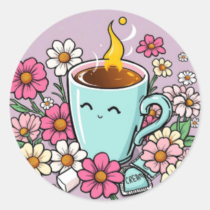 Whimsical Cup of Warm Coffee and Blume Runder Aufkleber
