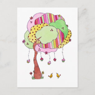 Whimsical Cupcake Tree with Sweet Birds Wassercolo Postkarte