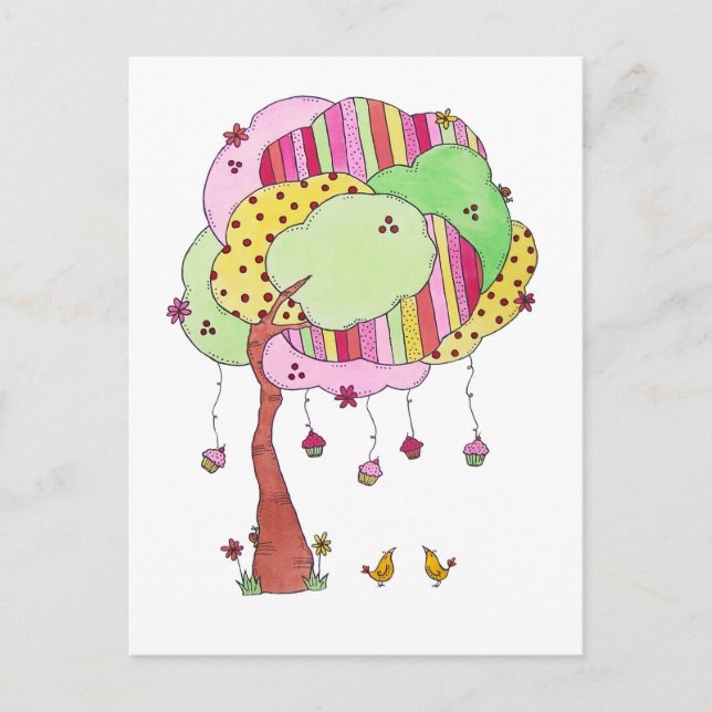Whimsical Cupcake Tree with Sweet Birds Wassercolo Postkarte (Vorderseite)