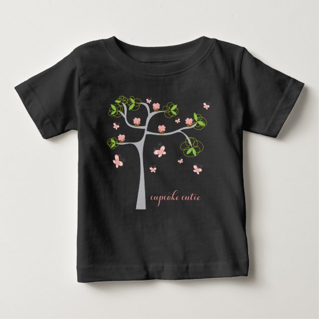 Whimsical Cupcakes Birthday Tree Butterflies Girl Baby T-shirt (Vorderseite)