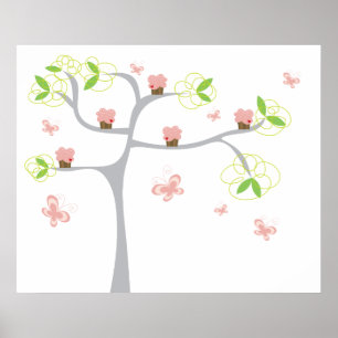 Whimsical Cupcakes Tree Butterflies Sweet Birthday Poster