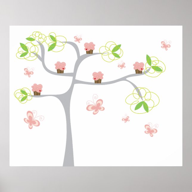 Whimsical Cupcakes Tree Butterflies Sweet Birthday Poster (Vorne)