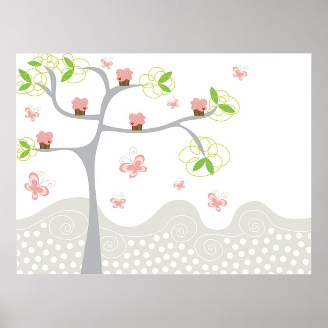 Whimsical Cupcakes Tree Butterflies Sweet Birthday Poster (Vorne)