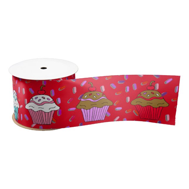 Whimsical Cupcakes und rote und lila Sprinklen Satinband (Spule)