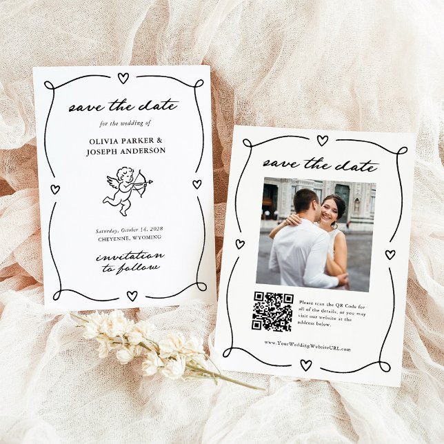 Whimsical Cupid | Romantic Photo and QR Code Save The Date (Von Creator hochgeladen)