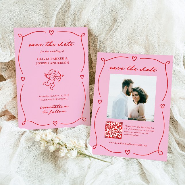 Whimsical Cupid | Rosa und rotes Foto und QR-Code Save The Date (Von Creator hochgeladen)