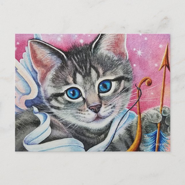 Whimsical Cupid Tabby Kitty Cat Wasserfarbe Kunst Postkarte (Vorderseite)