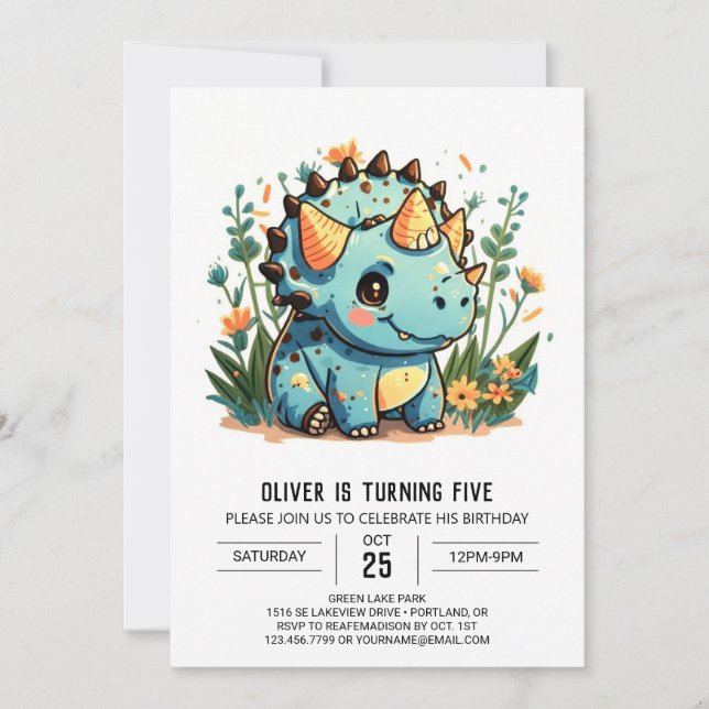 Whimsical Custom Dinosaur Boy Geburtstag Einladung (Vorderseite)