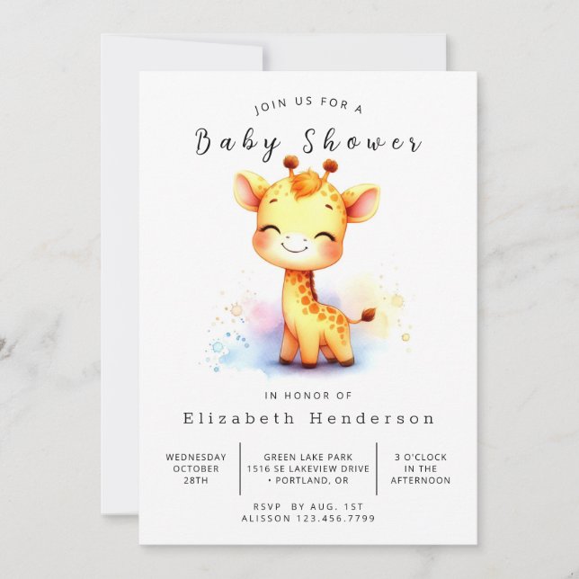 Whimsical Custom Giraffe Baby Dusche Einladung (Vorderseite)