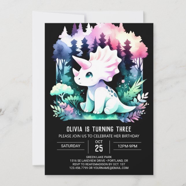 Whimsical Custom Triceratops Geburtstag Einladung (Vorderseite)