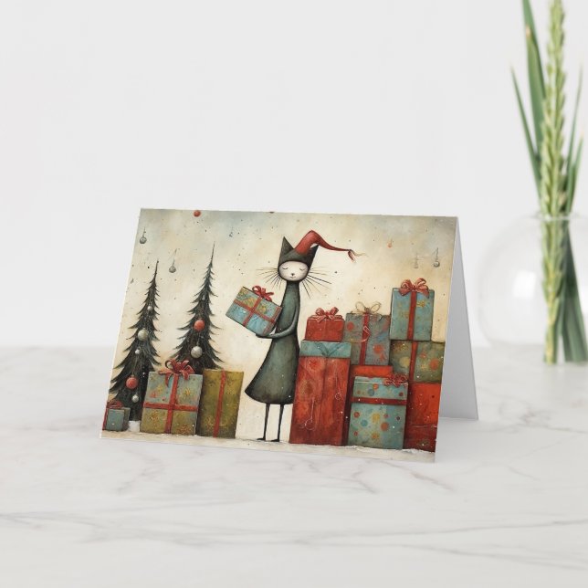 Whimsical Cute Cat with Christmas Gifts and Tree  Karte (Vorderseite)