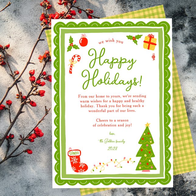 Whimsical Cute Christmas CUSTOM Scalloped  Feiertagskarte (Whimsical Cute Christmas CUSTOM Scalloped hand drawn no photo Holiday Card
)