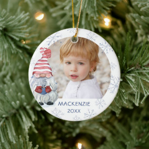 Whimsical Cute Gnome Snowflake Photo Name Year Keramik Ornament