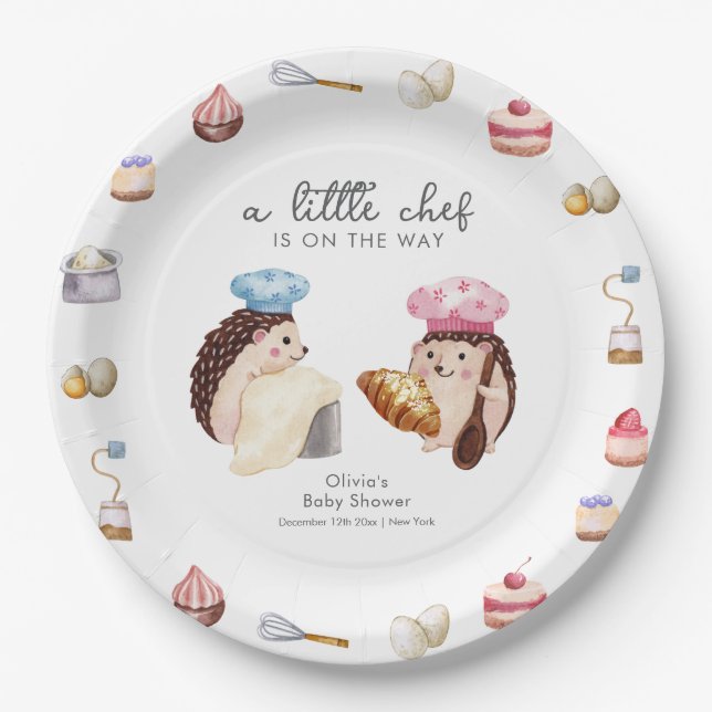 Whimsical Cute Hedgehog Chef Baker Baby Shower  Pappteller (Vorderseite)