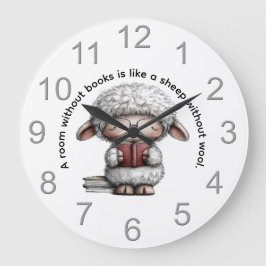 Whimsical Cute Sheep Reading a Book Große Wanduhr