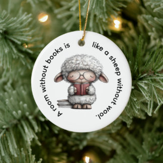 Whimsical Cute Sheep Reading a Book Keramik Ornament