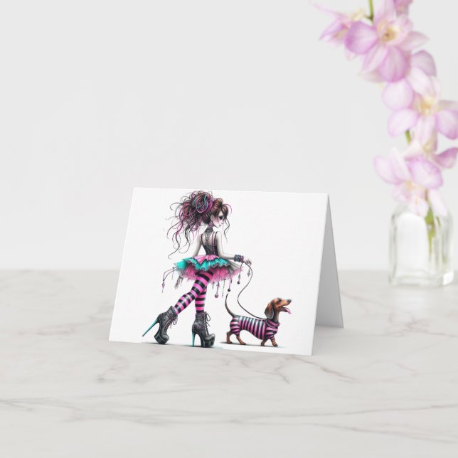 Whimsical Dackel Gothic Style Karte (Orchidee)