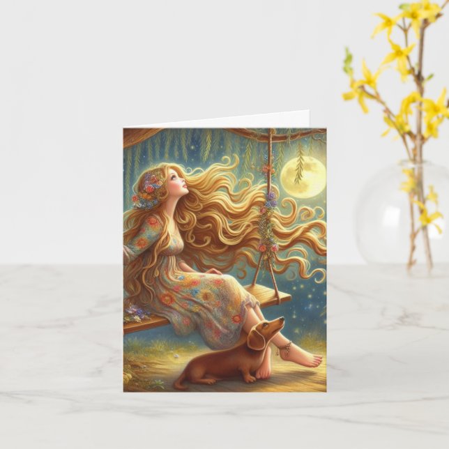 Whimsical Dackel und Girl herunterladbar Karte (Gelbe Blume)